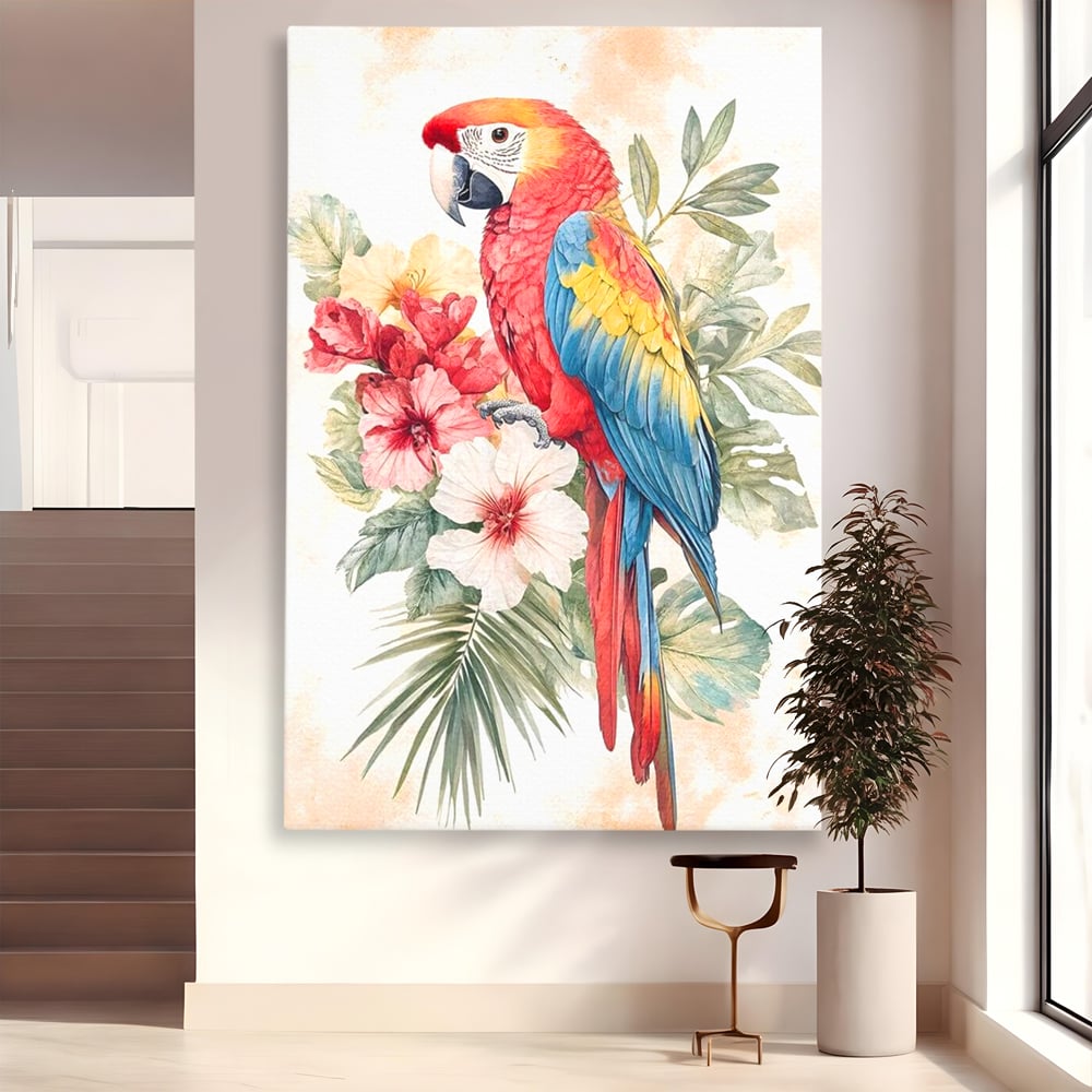 Tablou canvas cu tablou canvas cu papagal multicolor si flori, fara rama, pe sasiu de lemn